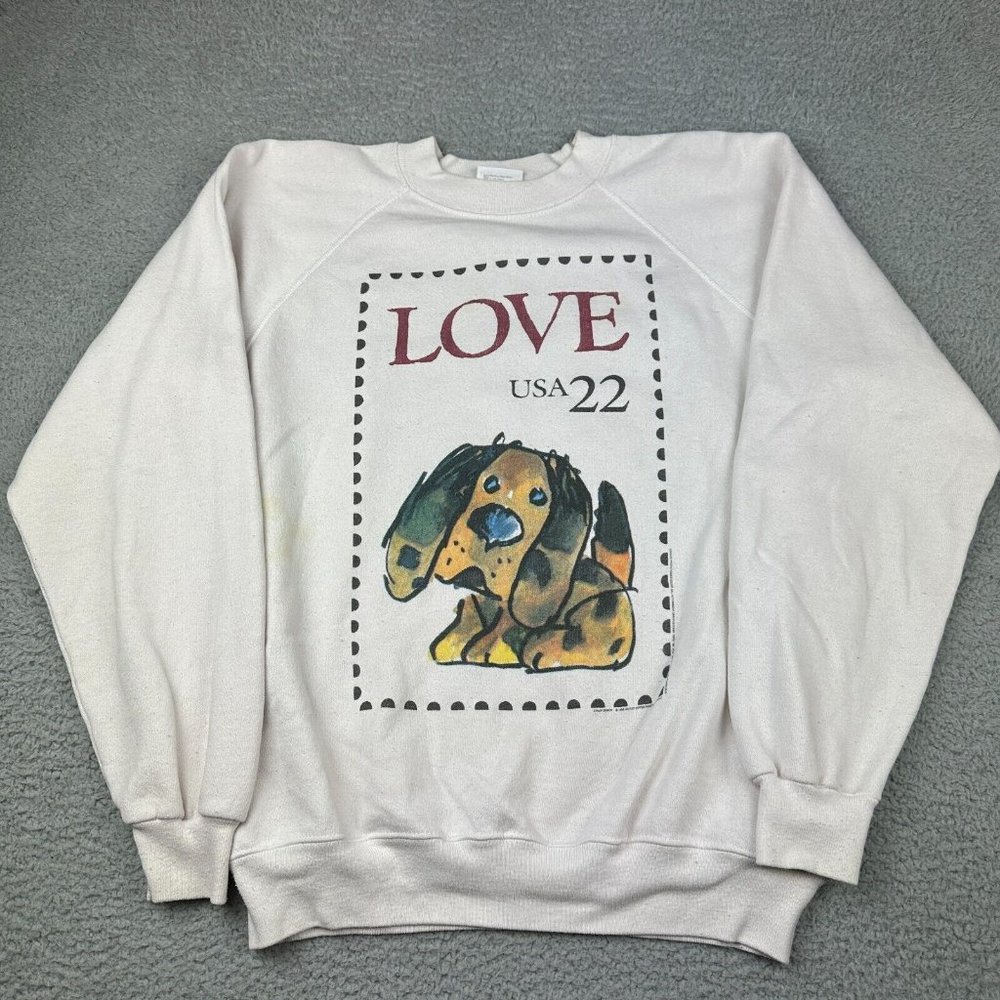 Vintage Love USA 22 Dog Sweatshirt 80s Size Large Made In Usa White Used